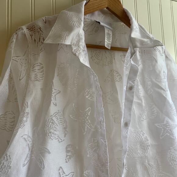 Alfred Dunner Sea Shell Beachy Print White Poplin Button Down Shirt Medium - Picture 3 of 7